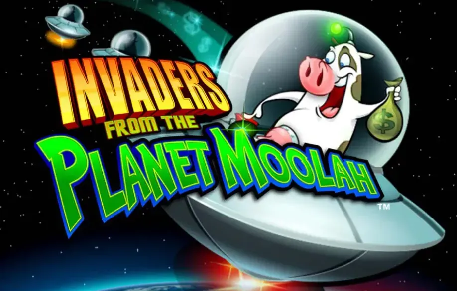 Invaders from the Planet Moolah - Banner with cow in spaceship.