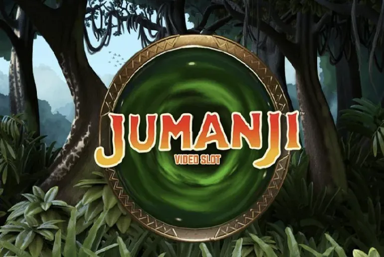 Jumanji - Logo with jungle background and swirl.